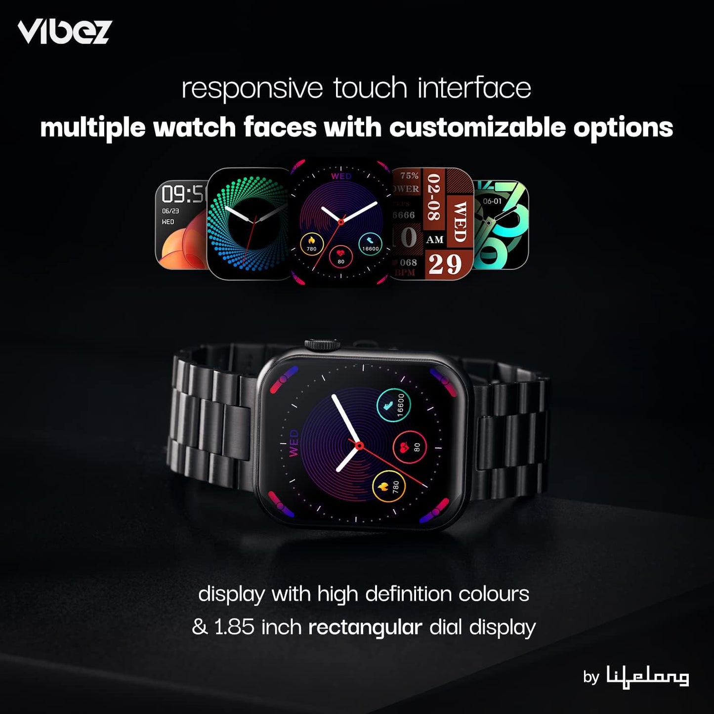 Vibez by Lifelong Hype Men Smartwatch with Bluetooth Calling|Multiple Straps (VBSWM306, 1 Year Manufacturer Warranty, Black)