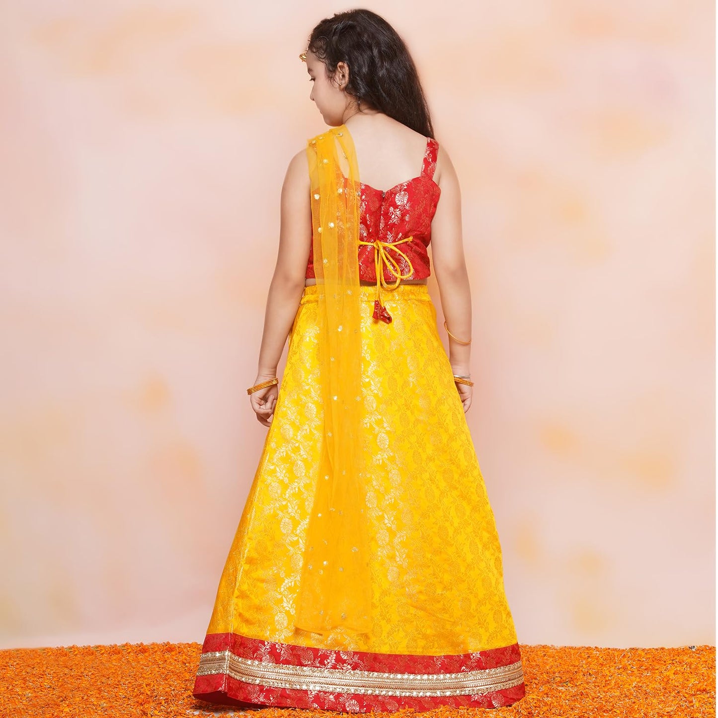 AJ DEZINES Kids Ethnic Wear Jacquard Brasso Printed Sleeveless Yellow Lehenga Choli Set For Girls (G-LH11-YELLOW-38)