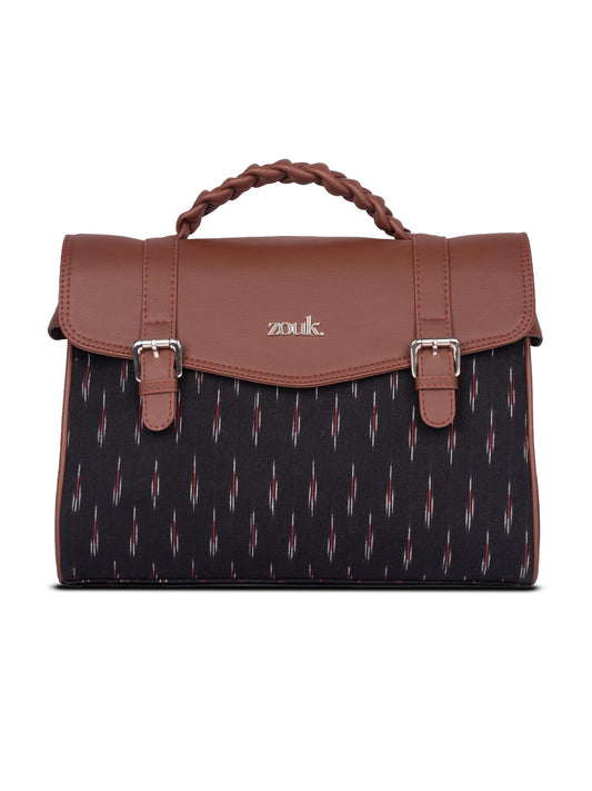ZOUK Konkona Heritage Satchel Bag - Ikat GreRed | Jute | Vegan Leather Handcrafted With Detachable Sling Strap| Black and Red