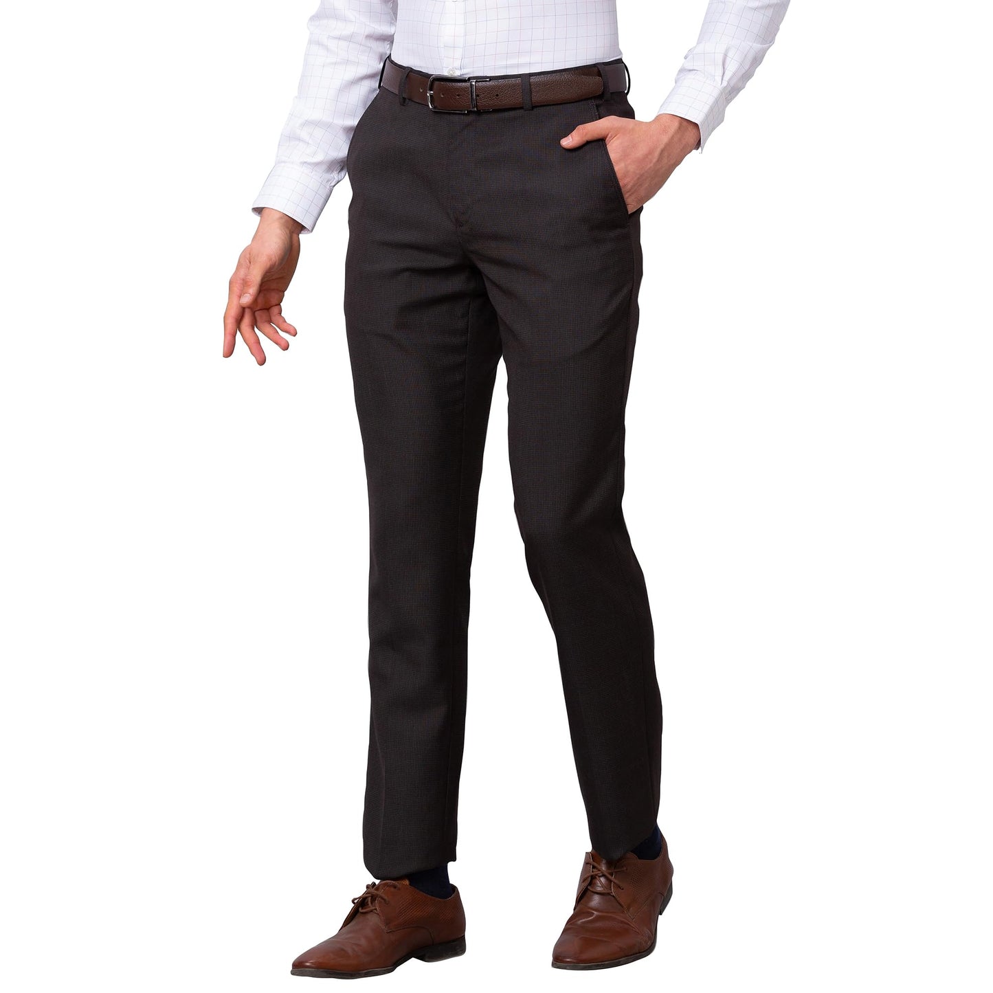 Park Avenue Men's Smart Fit Poly Viscose Blend Flat Front Structure Pattern Dark Brown Formal Trouser (Size: 32)-PMTX07556-O8