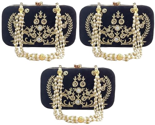 DUCHESS Women's Embroidered Black Box Clutch (Pack of 3)