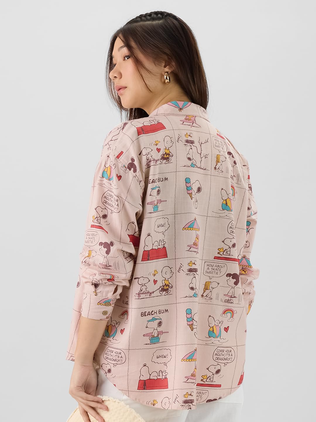 The Souled Store Official Peanuts: Beach Bum Women and Girls Long Sleeve Collared Neck Pink All Over Printed Cotton Boyfriend Shirts