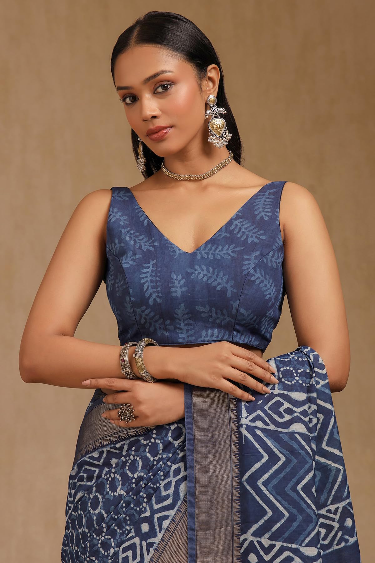 Soch Womens Indigo Viscose Block Print Saree