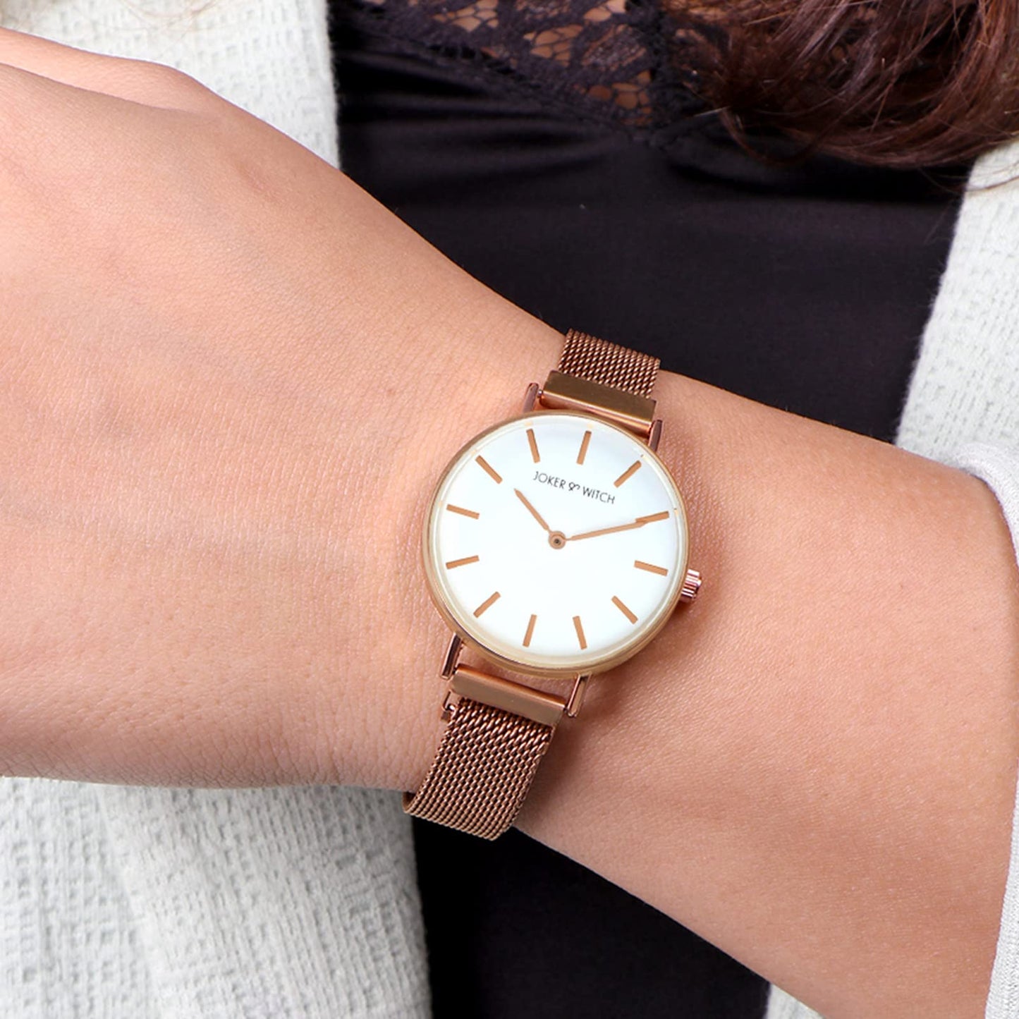 Joker & Witch Natalie White Dial 14mm Rose Gold Stainless Steel Watch for Women