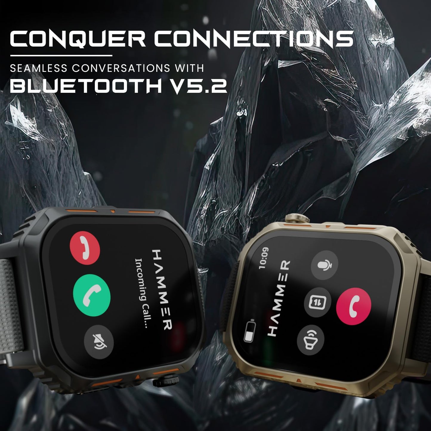 HAMMER Conquer 2.02" AMOLED Smartwatch, Rugged Smartwatch for Men, Bluetooth Calling, 100+ Sports Modes, in-Built Games, Health Tracking, IP67 (Gold)