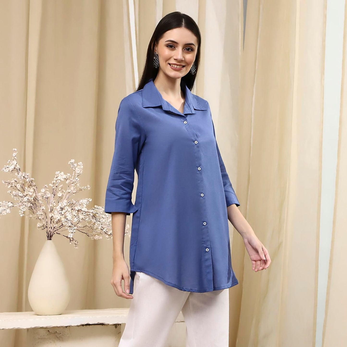 BIBA Women's Cotton Blend Solid Regular Shirts (SLDCR21577EAW24DSBLU_Dusk Blu