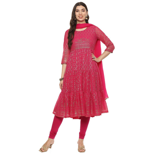 BIBA Women Cotton Blend Printed Anarkali Salwar Kurta Dupatta(Skdgold Mur9143_Fuchsia_42), Pink