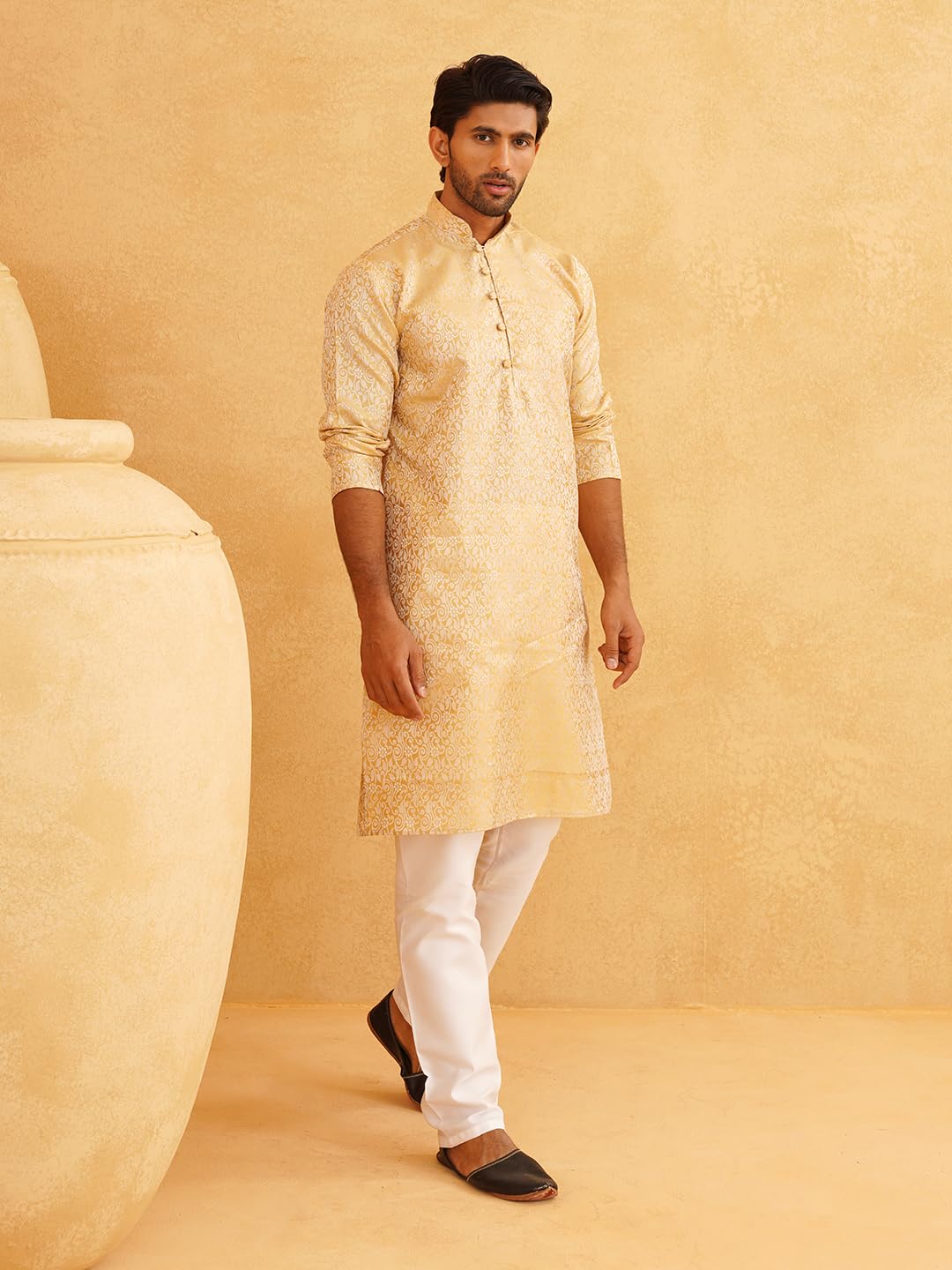 SOJANYA (Since 1958 Men's Silk Blend Gold Kurta & Off White Churidar Pyjama Set Size 44