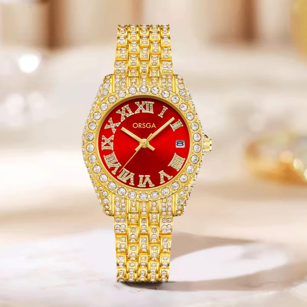 ORSGA Ornate Watch for Women Opal Red Dial Full Diamond Studded Band Gold Watch Gift for Women, Birthday Gift, Aniversary