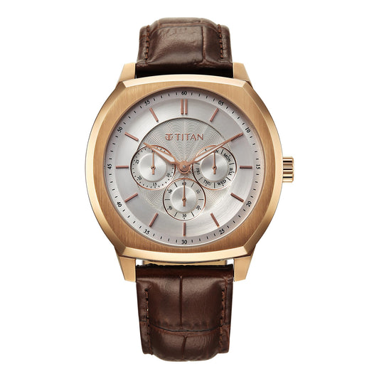 Titan Regalia Arc Analog with Day Date Second Subdial and Silver Dial Brown Leather Strap Watch for Men - 90213WL01
