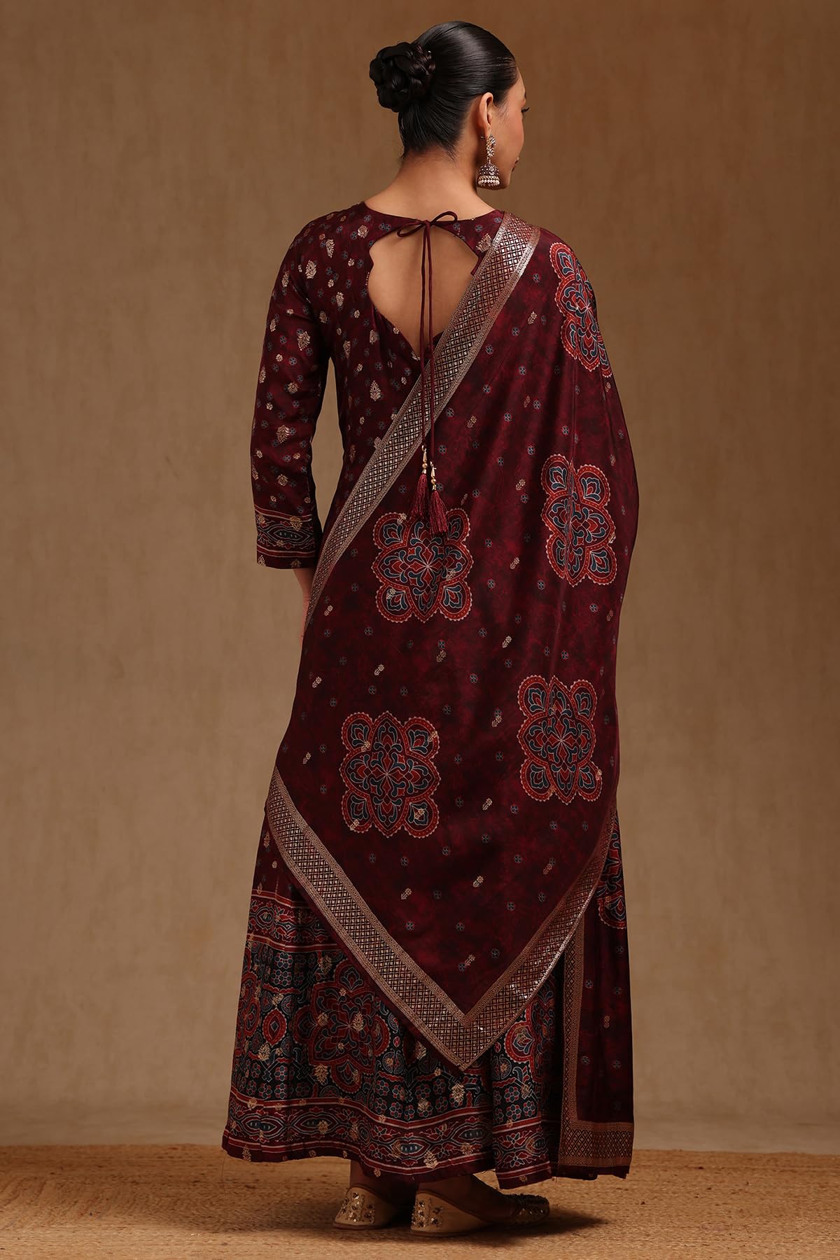 Soch Womens Wine Russian Silk Ethnic Motifs Gown with Mirror and Cutdana