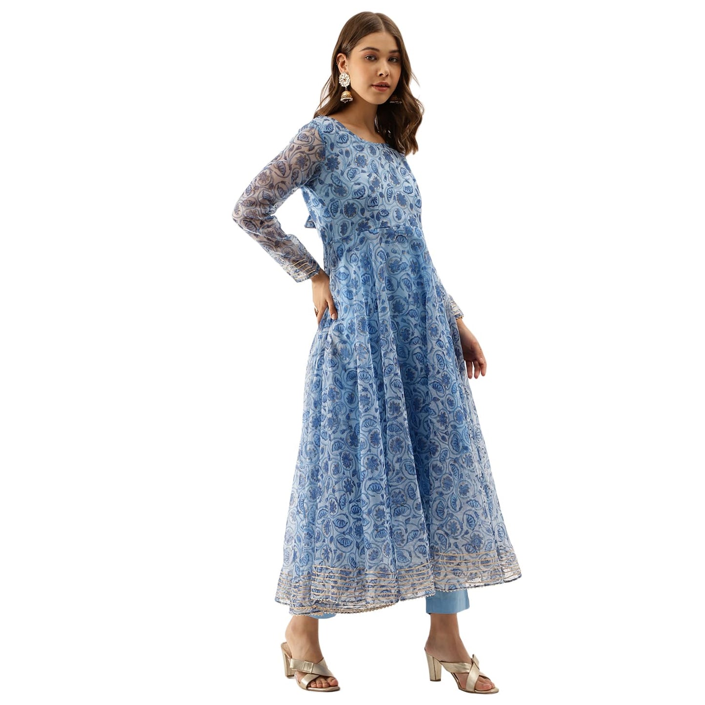 Divena Blue Floral Print Organza Anarkali Kurta set with Dupatta