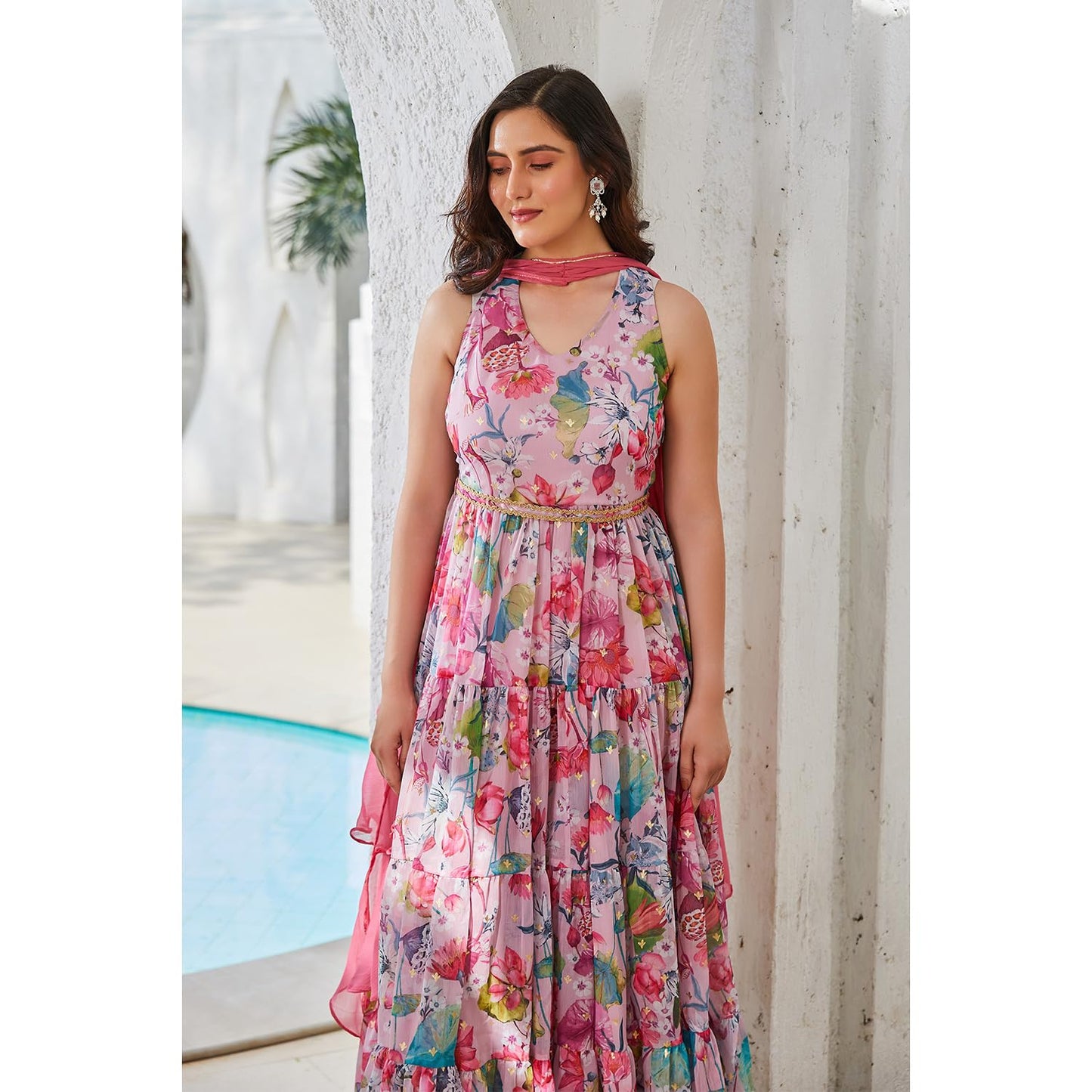 BIBA Women Polyester Anarkali Printed Dress (SKD9665_Pink_XS)