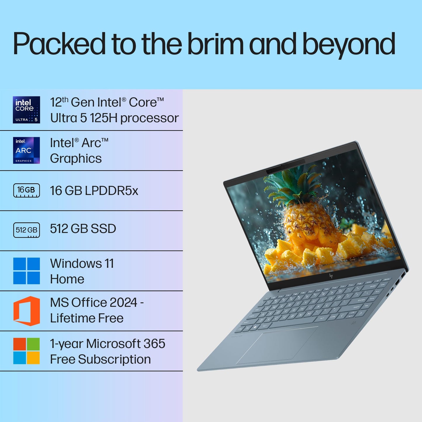 HP Pavilion AI Laptop, Intel Core Ultra 5 125H 12 Tops, (16GB LPDDR5x, 512GB SSD), WQXGA,IPS, 300 nits, 14''(35.6cm),Win 11, M365 Basic(1yr), Office Home24, Blue,1.44kg,5MP Camera w/Shutter, ew1112TU