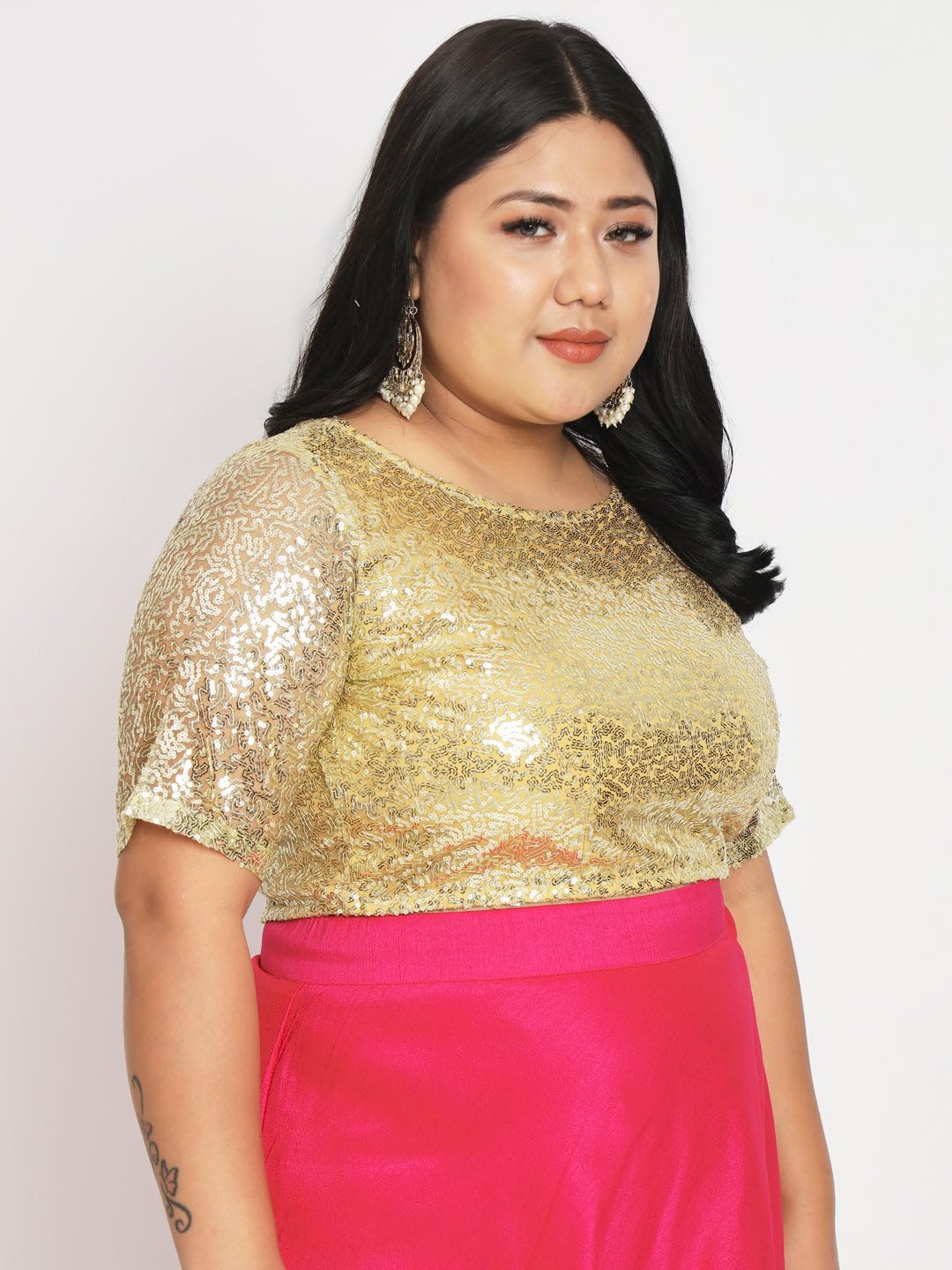 studio rasa Women's Plus Size Net Sequin Embroidered Sheer Sleeves Fitted Crop Top or Blouse For Wedding Festive Party (Tpwpc22316-5Xl_Bl_Gold_5Xl)
