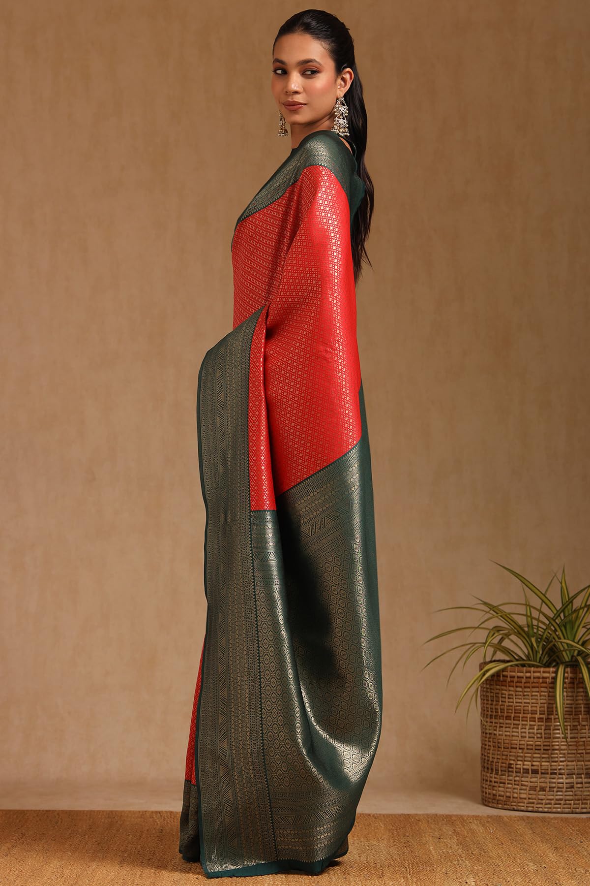 Soch Womens Red Silk Blend Zari Woven Saree With Zari Woven