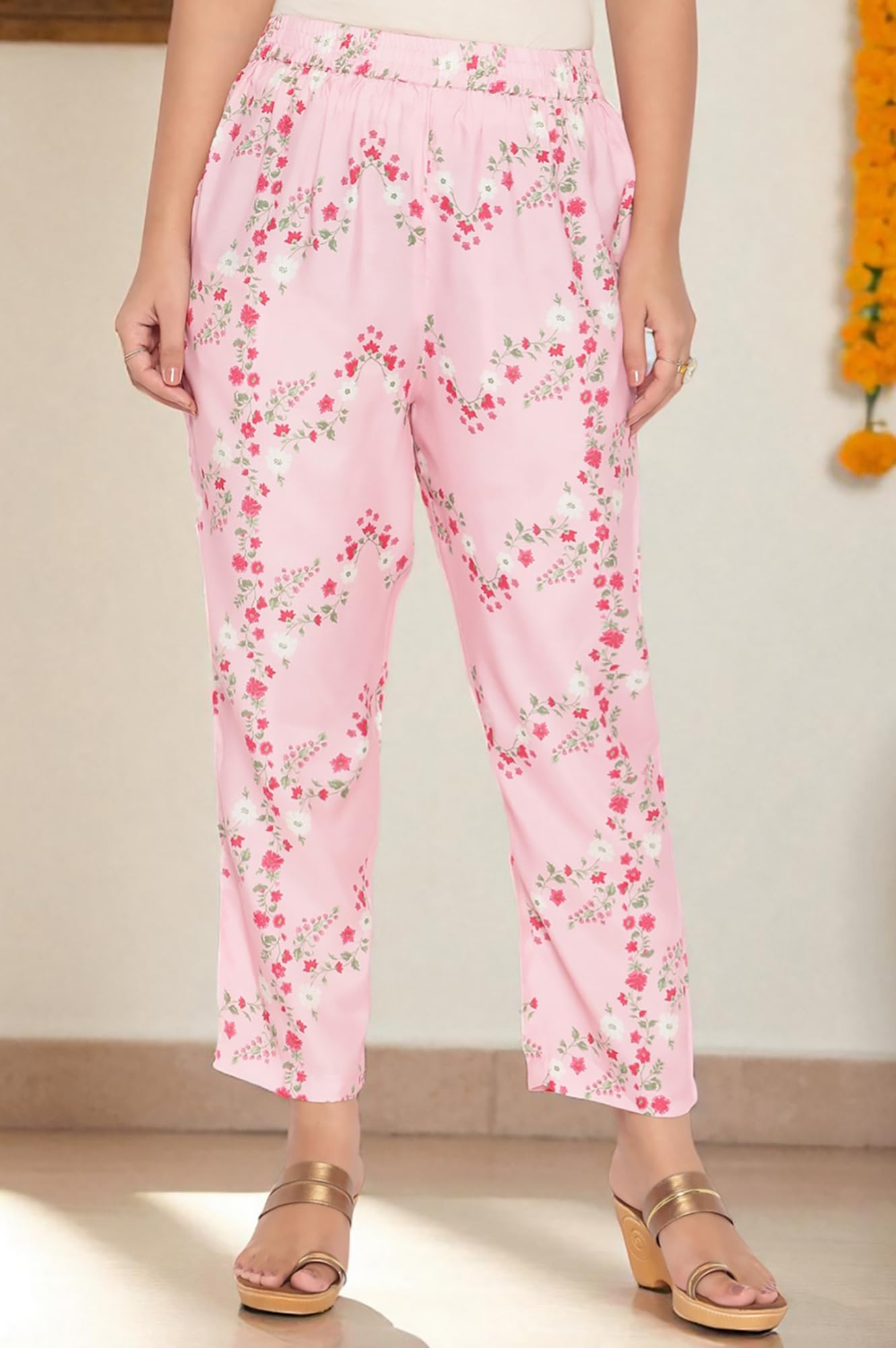 W for Woman Rose Pink Printed Shantung Flared Kurta, Parallel Pant and Dupatta Set (Size: XXL)-WS13091-126506