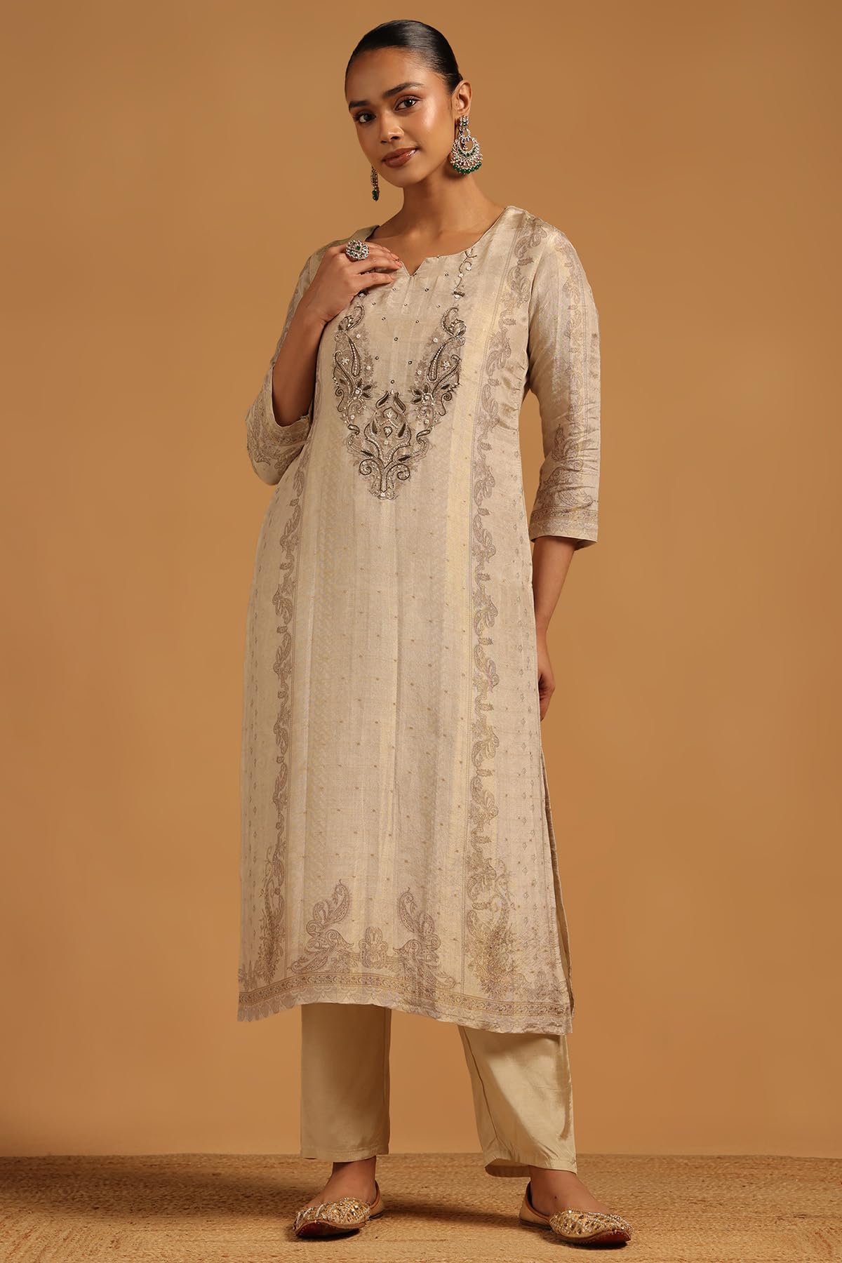 Soch Womens Beige Russian Silk Botanical Salwar Suit With Beads