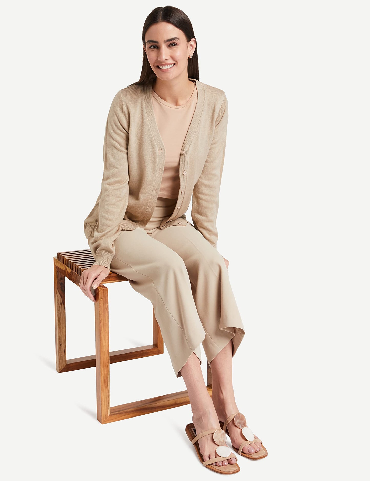 Amazon Brand - Symbol Women's Acrylic V-Neck Sweatshirt(SB-AW21SWT-1502_Sand_L_Sand_L)