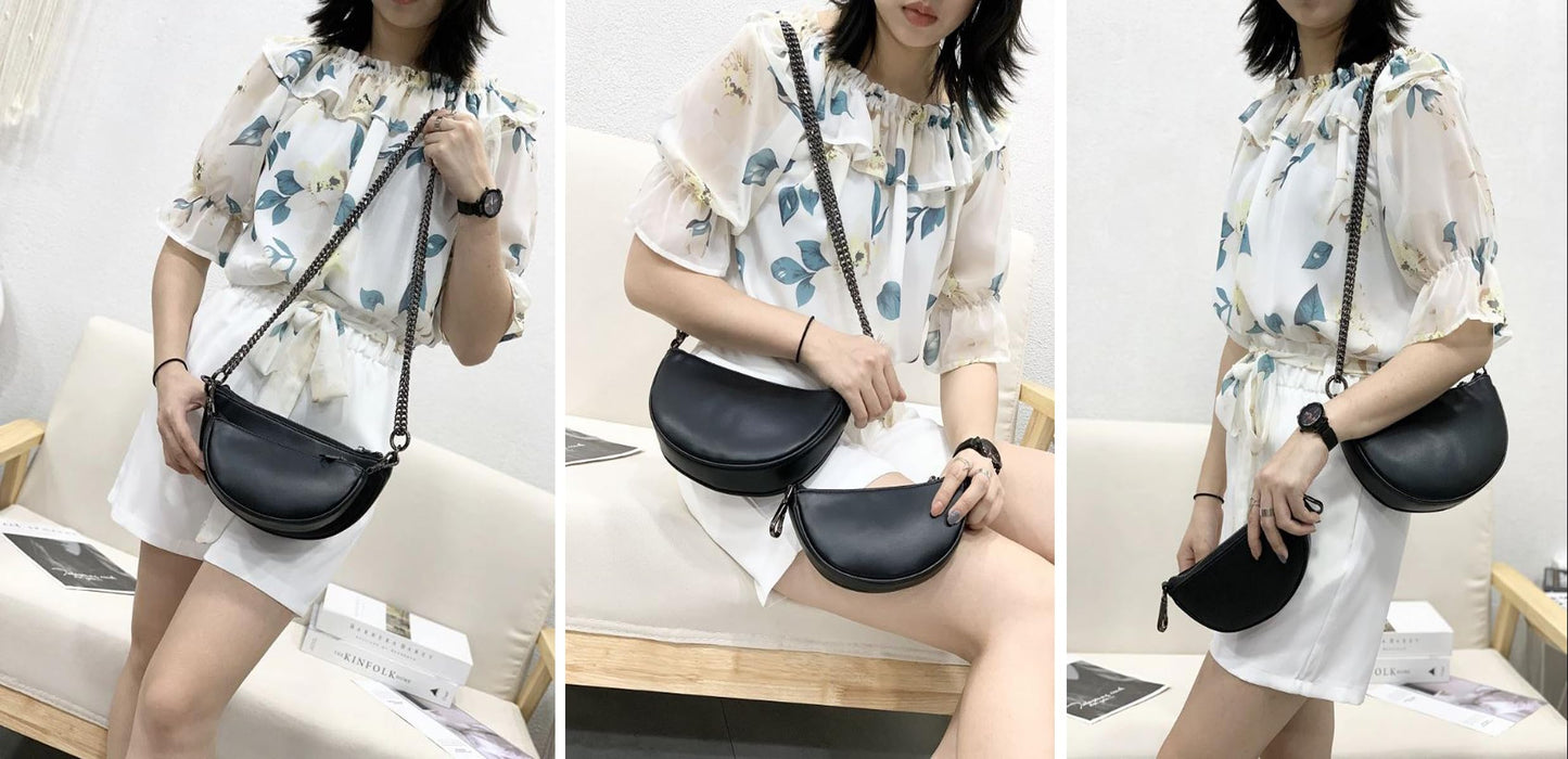 SIBY PU Leather Women Crossbody Bag with Metal Double Chain | Retro Semicircle Saddlebag | Versatile Mini Shoulder Bag- Black (2 Pcs)