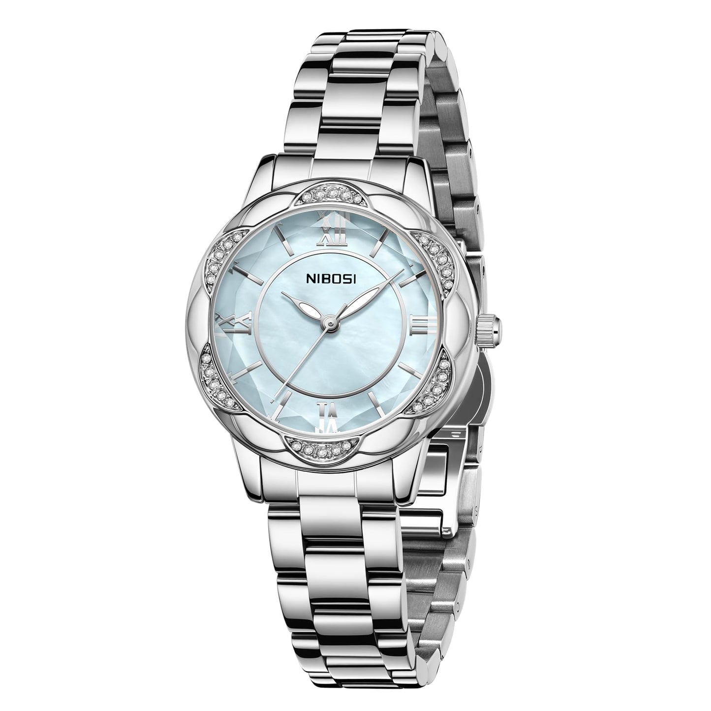 NIBOSI Watches for Woman Analog Quartz Rose Gold Fashion Luxury Ladies Wrist Watch Diamond Stylish Elegant Watches Waterproof (Silver Blue)