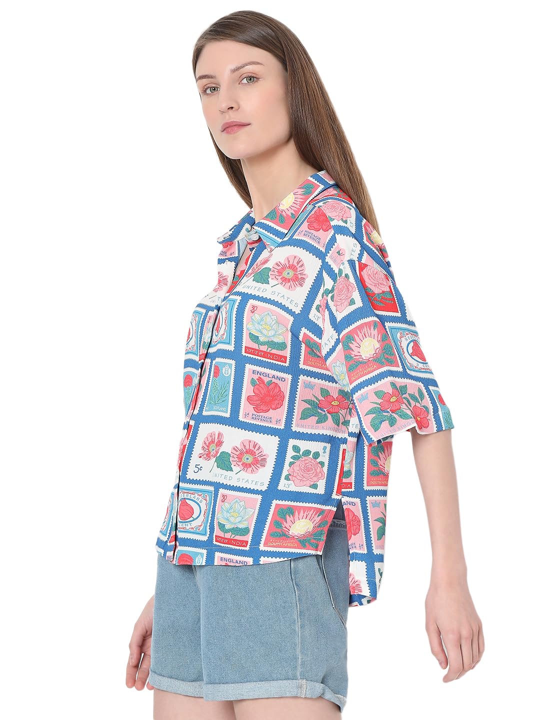 VERO MODA Women Graphic Print Blue Viscose Oversized Shirt