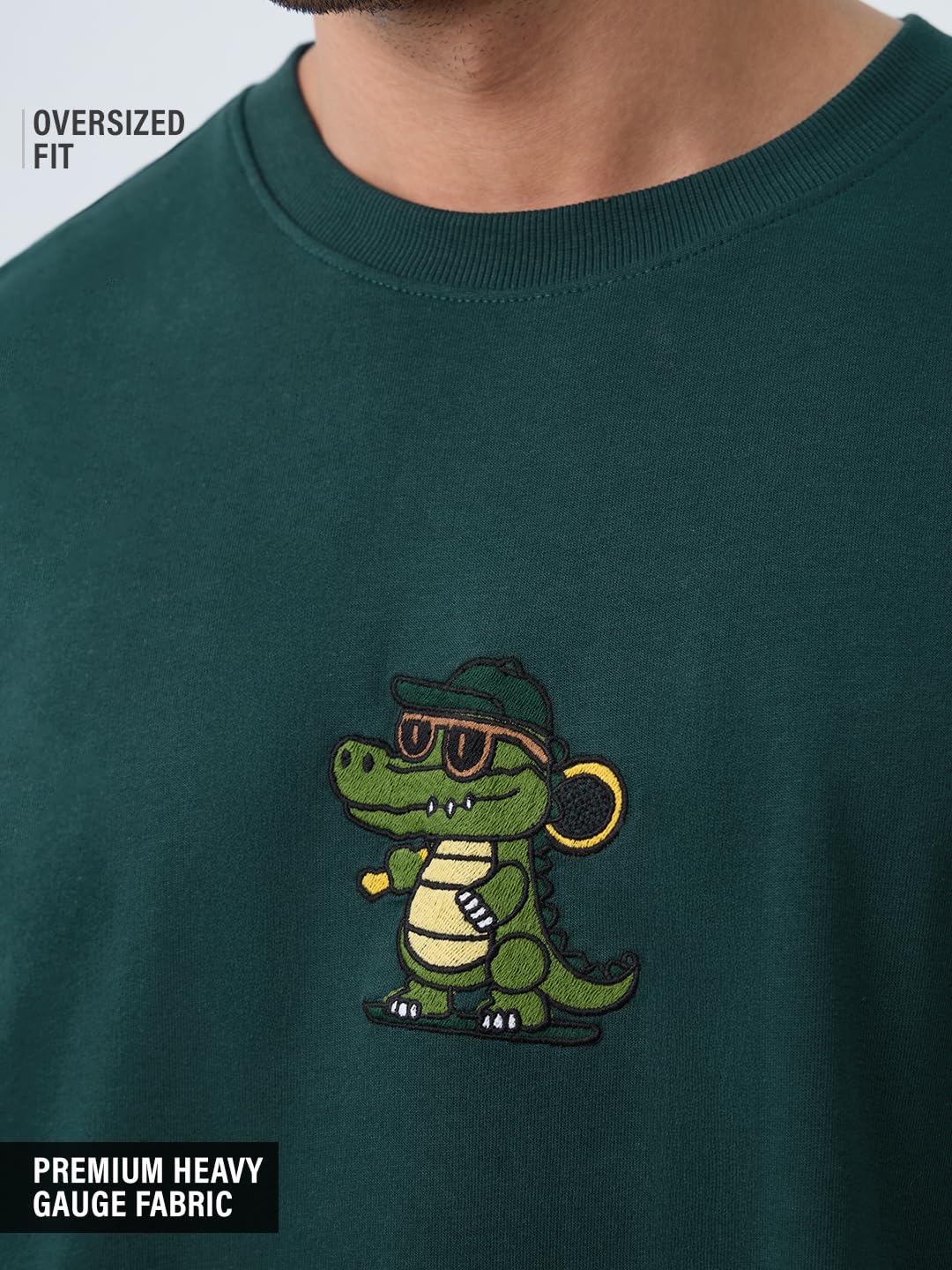 The Souled Store Oversized T-Shirt: Gator Men and Boys Short Sleeves Round Neck Dark Green Embroidered Drop Shoulder Casual Streetwear Oversized T-Shirts