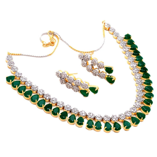 Jewar Mandi Necklace Set Ad Cz Silver Gold Plated Two Tone Gemstone Jewelry for Women & Girls (Green Emerald)