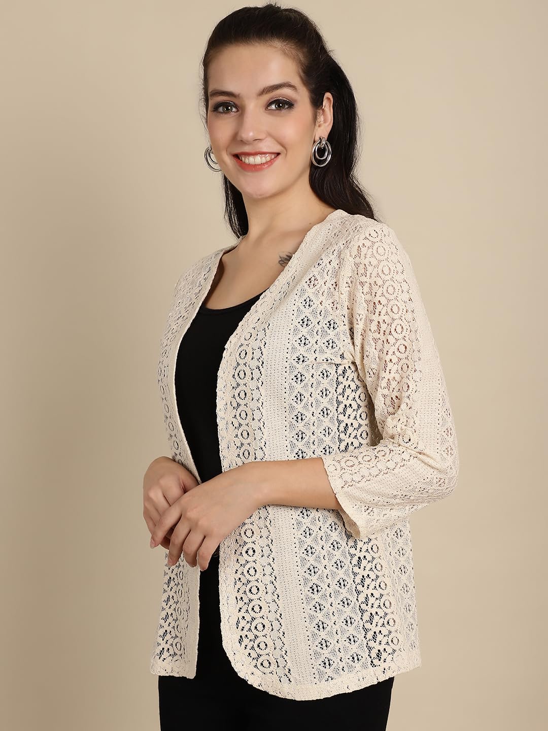 FineMe Women Trending Front Open | Cotton Self Designed 3/4th Sleeves Blazer Shrug 5XL Beige