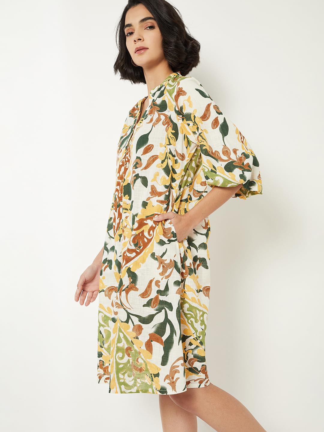 Max Women Printed A-line Dress with Belt(Multicolour_L)