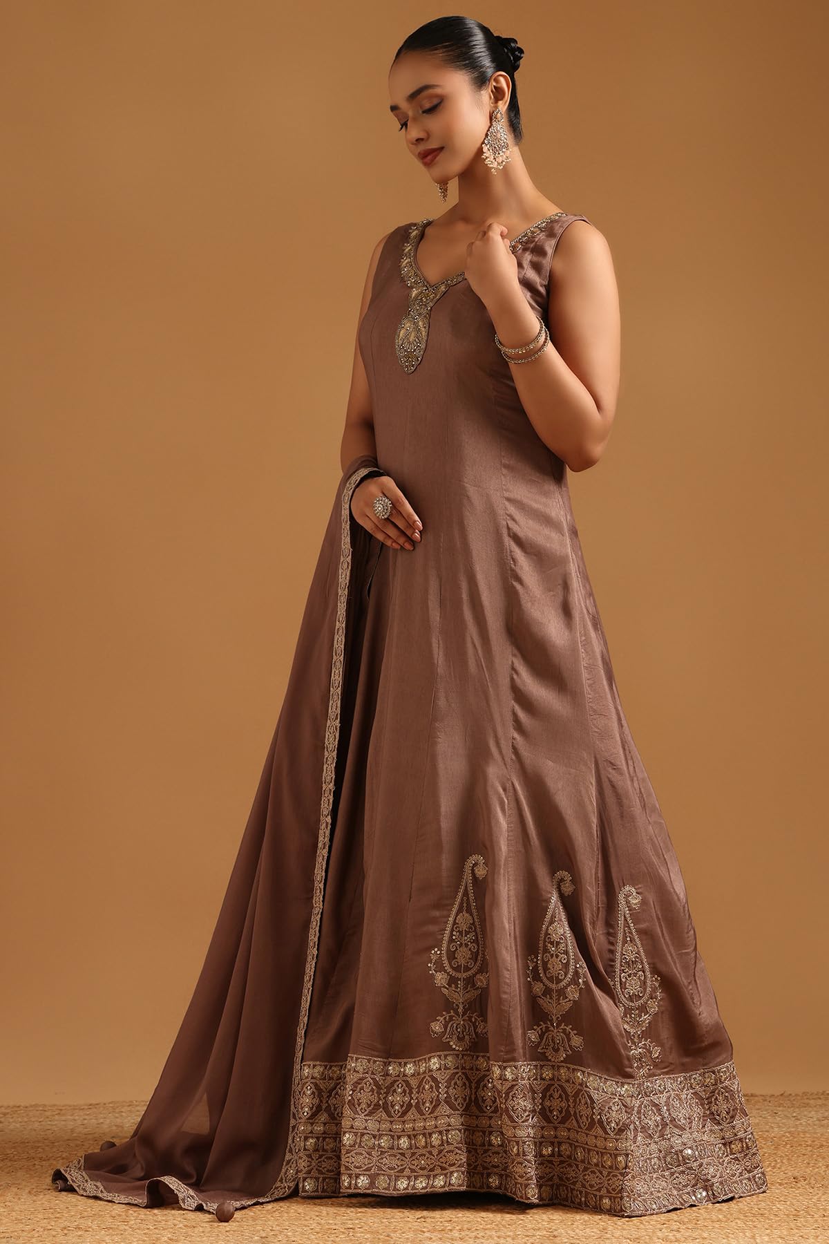 Soch Womens Brown Dola Silk Ethnic Motifs Gown with Cutdana