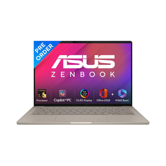 ASUS Zenbook A14, Snapdragon X Elite Processor,(Qualcomm Adreno iGPU/16GB RAM/512GB SSD/Windows 11 Home/MS Office 365 Basic (1Year)*/14" FHD+ OLED/AI PC/Zabriskie Beige/0.98 kg), UX3407RA-QD054WS