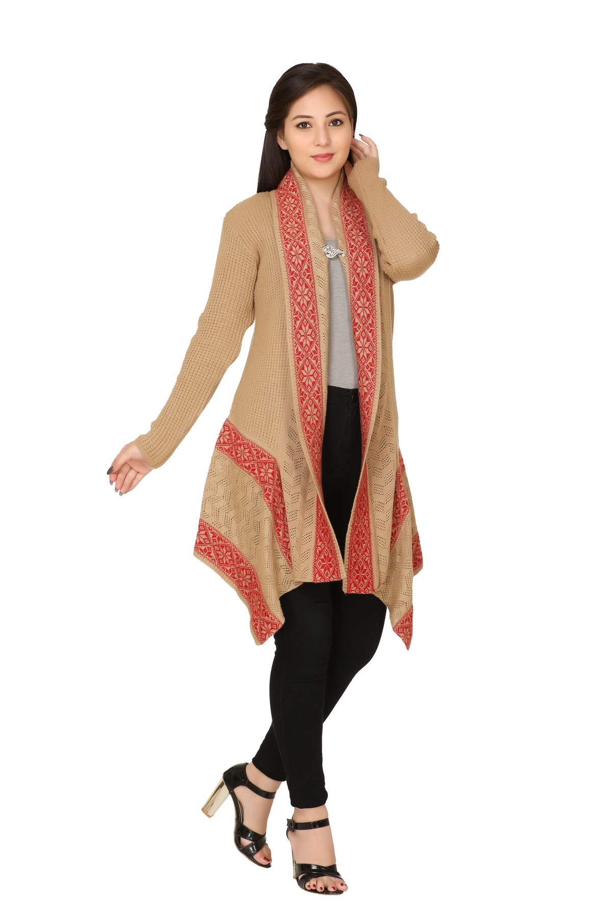 PIPASA Women Ladies Girls Winter Wear Woolen Open Front Hem Long Sleeves Shrug Top Designer Woolen Sweater Shrug Cardigan (Freesize), Red