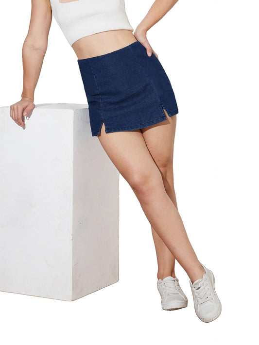 Dolce Crudo Women's High Rise Mini Stretchable Denim Skorts (DOSS24DEN79-17-462-32, Denim Blue, 32)