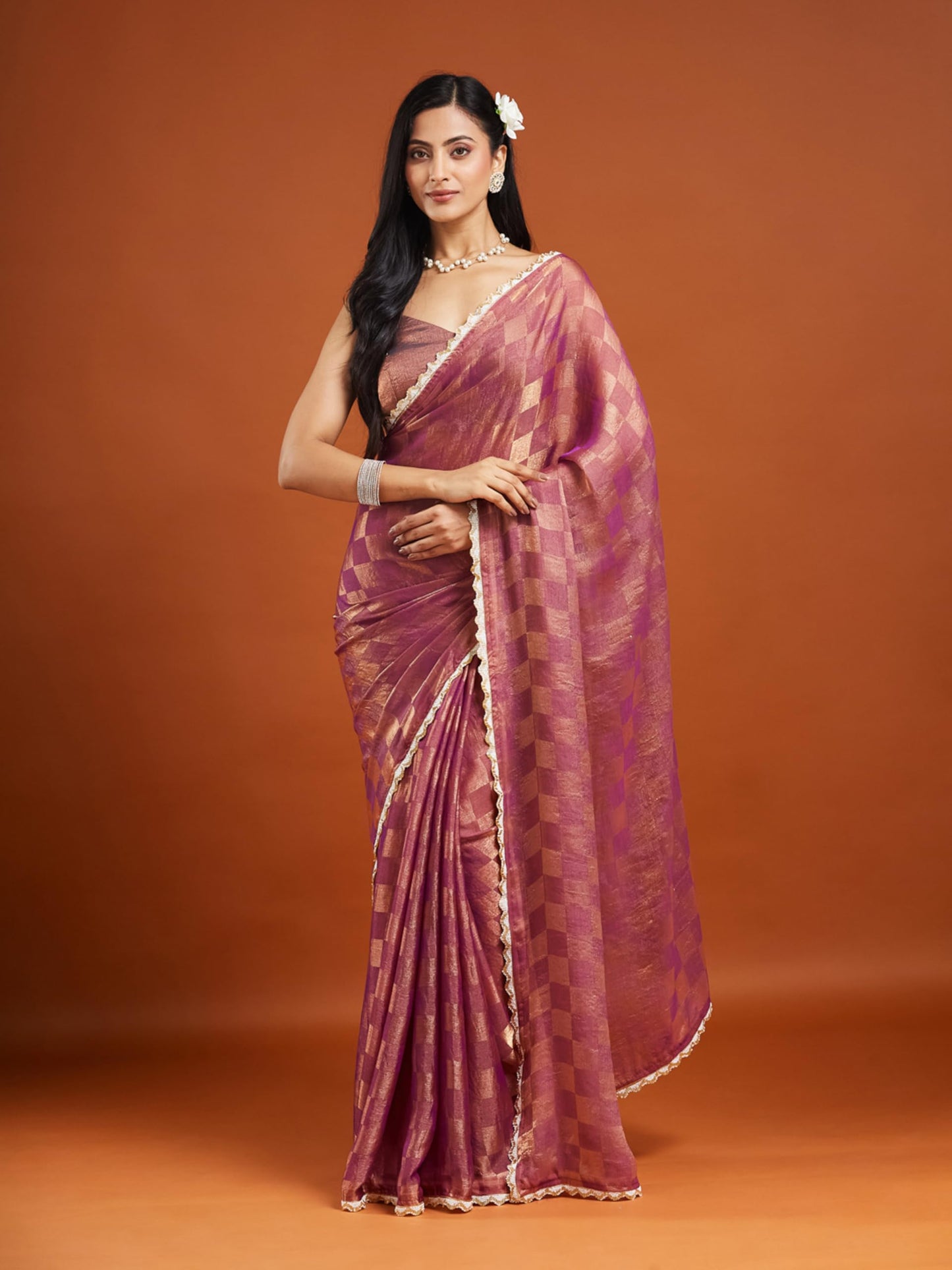 LOROFY Women's Zimmy Choo Silk Blend Saree with Sequin Embroidered Lace Border, Checked Zari Detailing & Unstitched Banglori Blouse Piece (Fandy Box 0.2-Wine_Wine_Free Size)