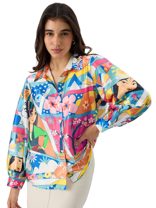 The Souled Store Official Satin Shirt: Disney Mulan Women and Girls Long Sleeve Collared Neck Button Down Multicolor All Over Printed Polyester Shirts