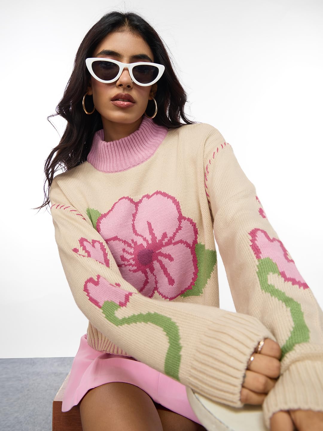 The Souled Store Originals : Road to Bloom Cable Knit Women Oversized Sweater Beige