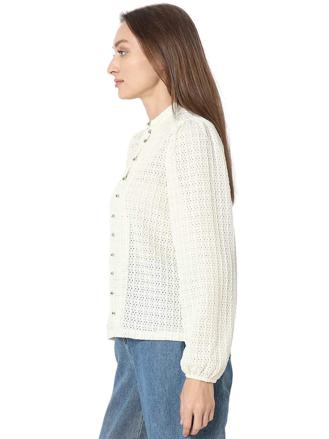 VERO MODA Women Self Design White Polyester Regular Fit Top