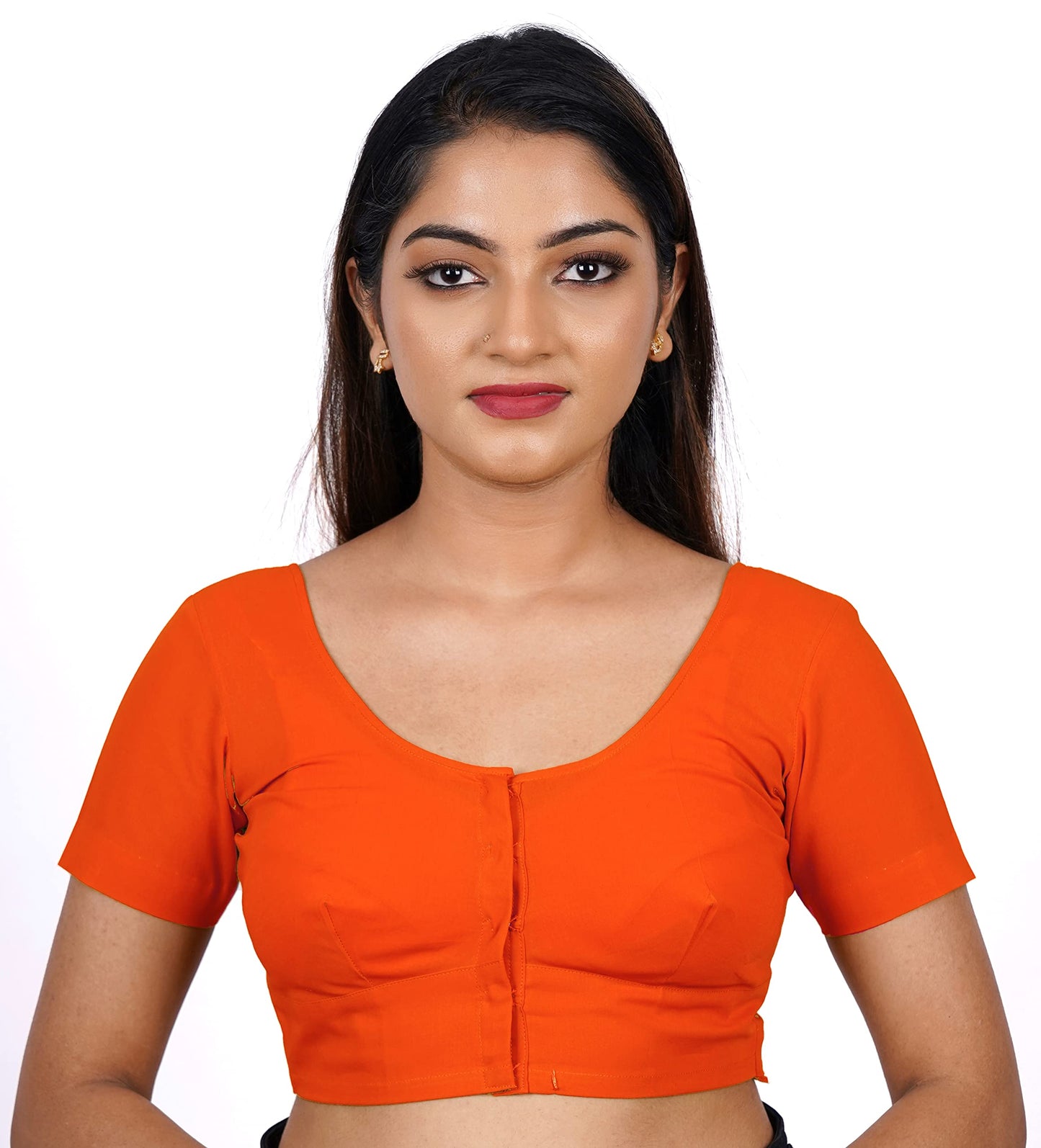 Blouzy Readymade Women's 2by2 Cotton Stitched Saree Blouse with Short Sleeve, Soft, Comfortable Material (Orange) (48)