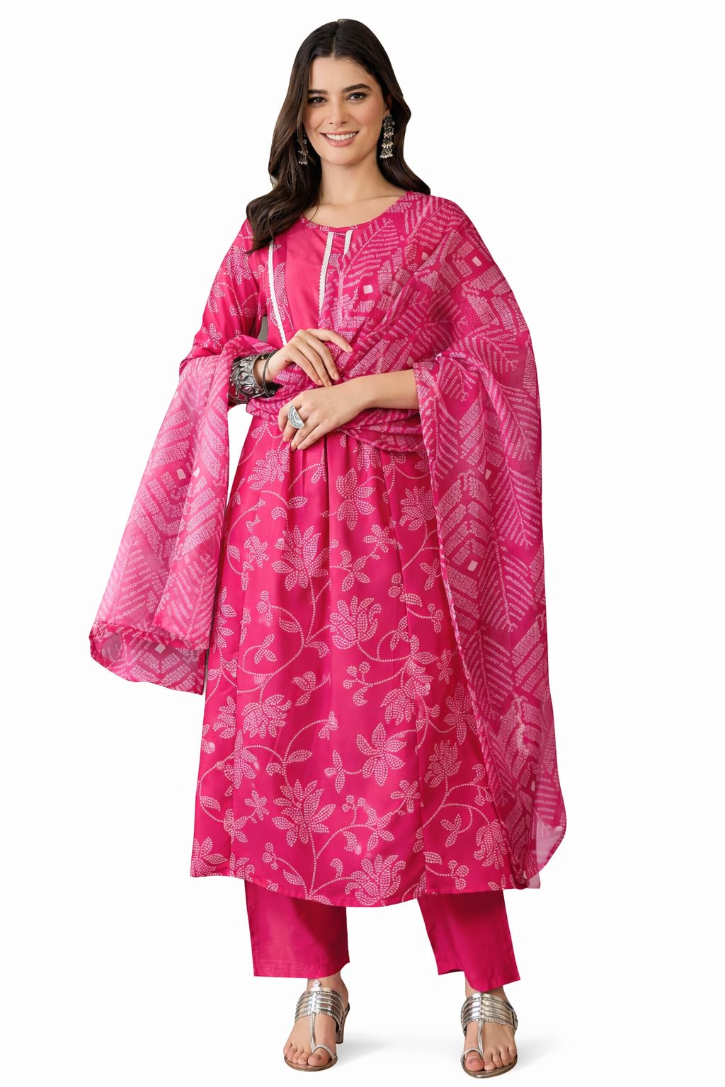 VARNI FABRIC Rayon Kurta Set for Women |Full Sleeves Floral Printed A-Line Kurta Set | Woman Salwar Suit with Pant & Dupatta | Festive Wedding Ethnic Wear | Prefect for Office Summer | Rani | 2XL