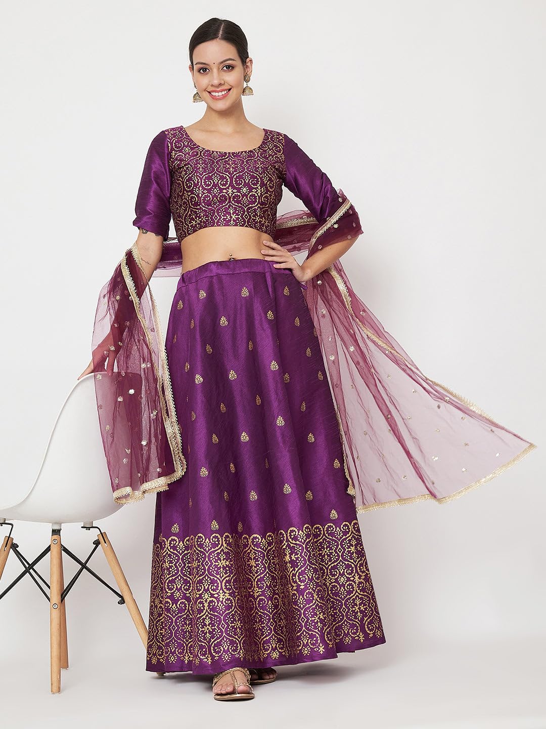 studio rasa Women's Dupion Hand Block Printed Bias Lehenga Set for Wedding Festive Party (LHSC52403XL_Purple_X-Large)