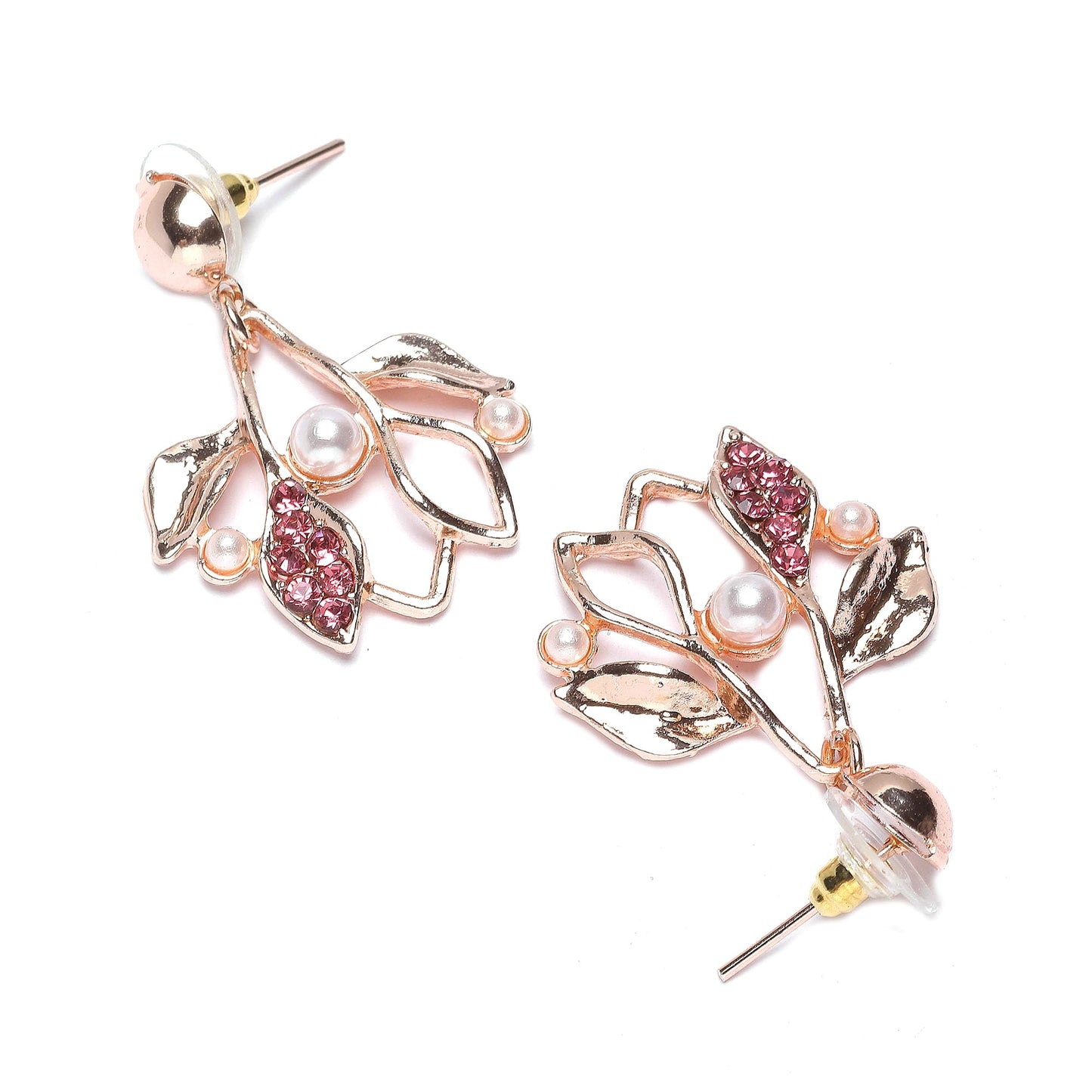 ZENEME Oxidised Silver-Plated Cubic Zirconia & White Pearls Studded Leaf Shaped Necklace With Earrings Jewellery Set For Girls and Women (Rose Gold pink)