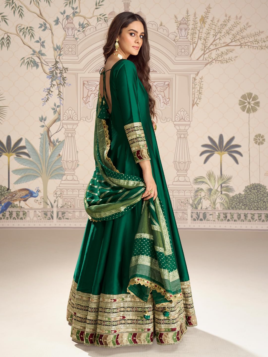 Green Vichitra Silk Sequins and Thread Zari Embroidery Work Gown with Banarasi Jacquard Dupatta (in, Alpha, L, Regular)