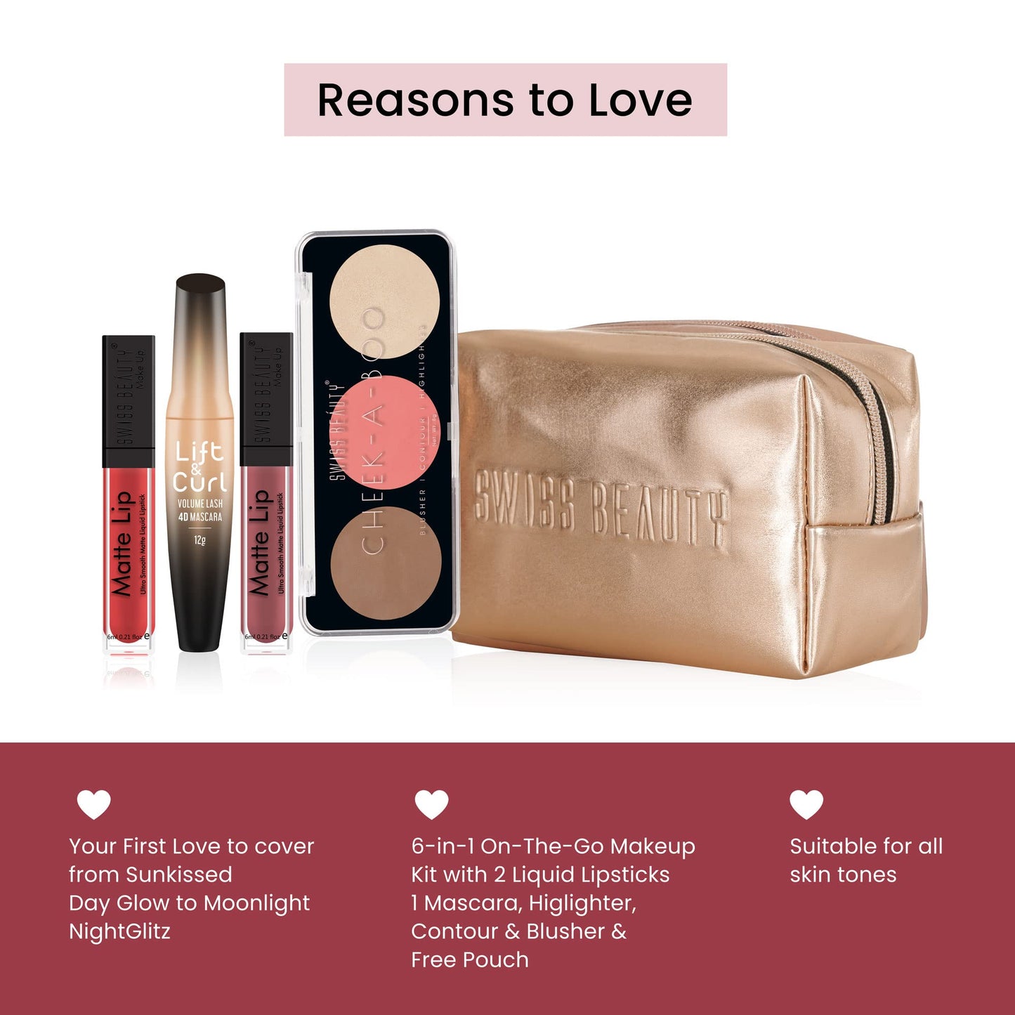 Swiss Beauty Love All Makeup Kit | 2 Waterproof Lipsticks, Volumizing & Curling Mascara, 3-In-1 Face Palette with Bronzer, Highlighter and Blush| Makeup Gift Set