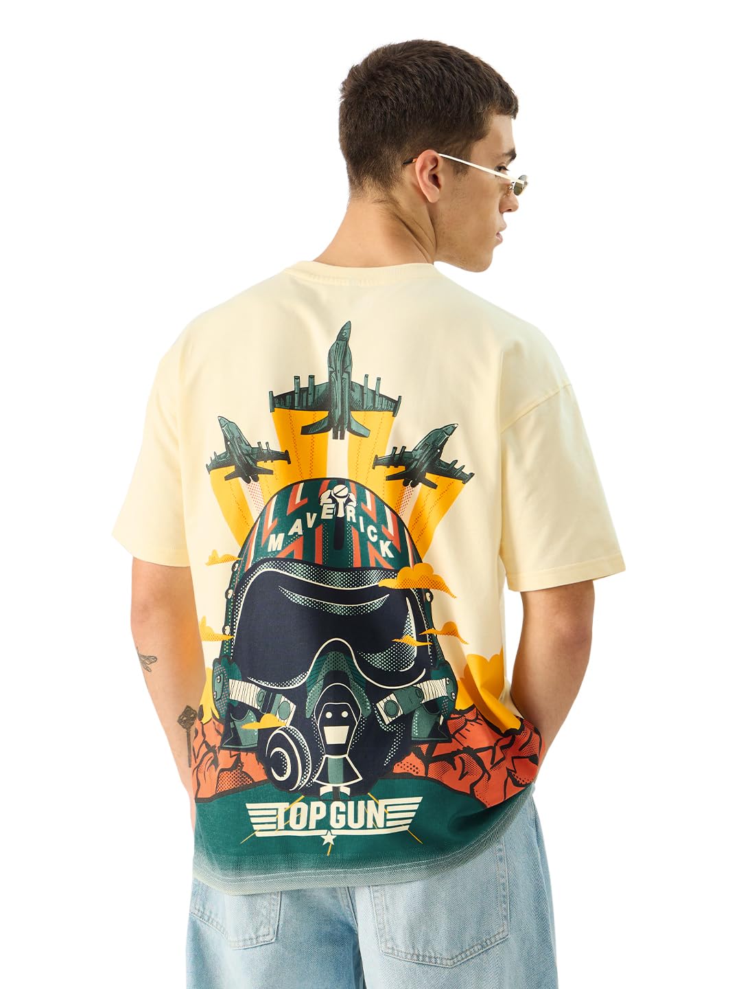 The Souled Store Official Top Gun: Jets Off White Graphic Printed Cotton Oversized T-Shirts for Men and Boys - Fly High with Style