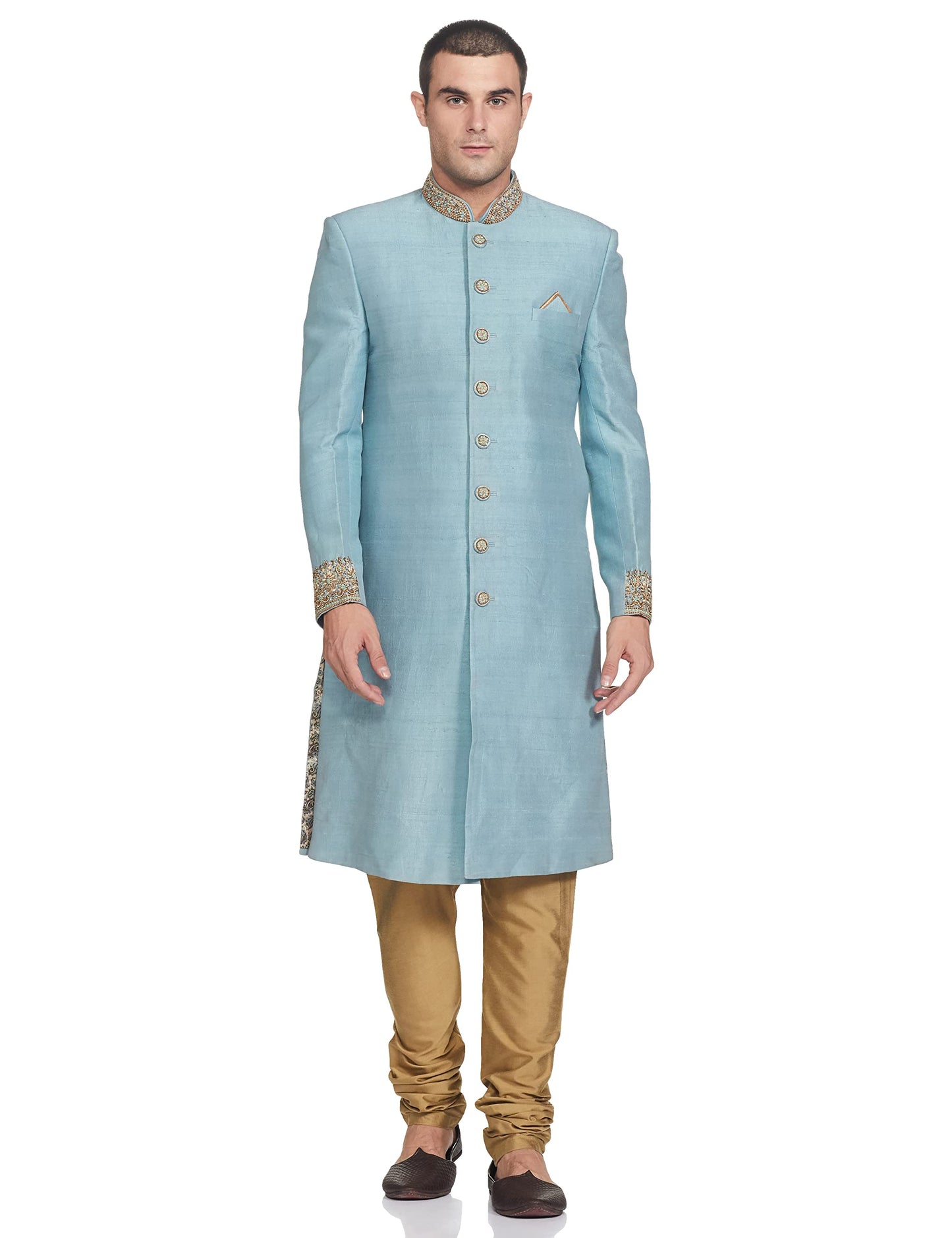 Ethnix Men's Bead EMB. Sherwani with Churidar Jacket (RTSB00135-B4_Medium Blue_96)