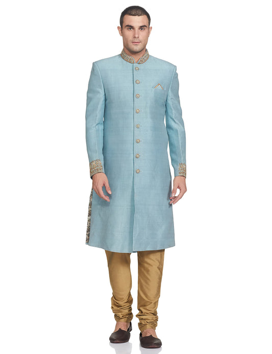Ethnix Men's Bead EMB. Sherwani with Churidar Jacket (RTSB00135-B4_Medium Blue_96)
