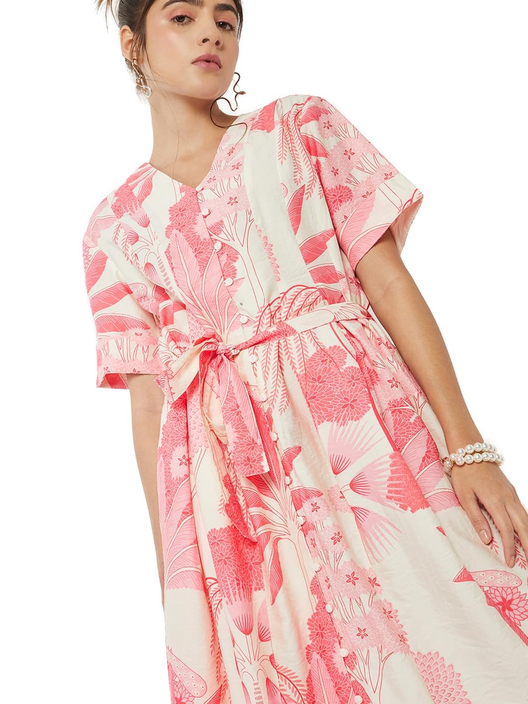 Max Women Floral Print A-line Dress(White_L)