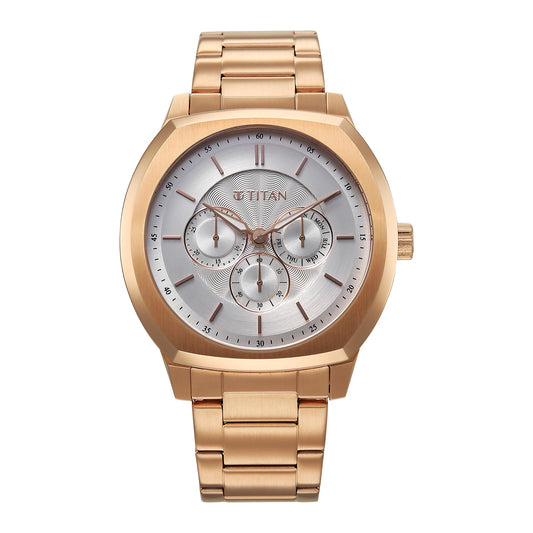 Titan Regalia Arc Analog with Day Date Second Subdial and Silver Dial Rose Gold Stainless Steel Strap Watch for Men - 90213WM01