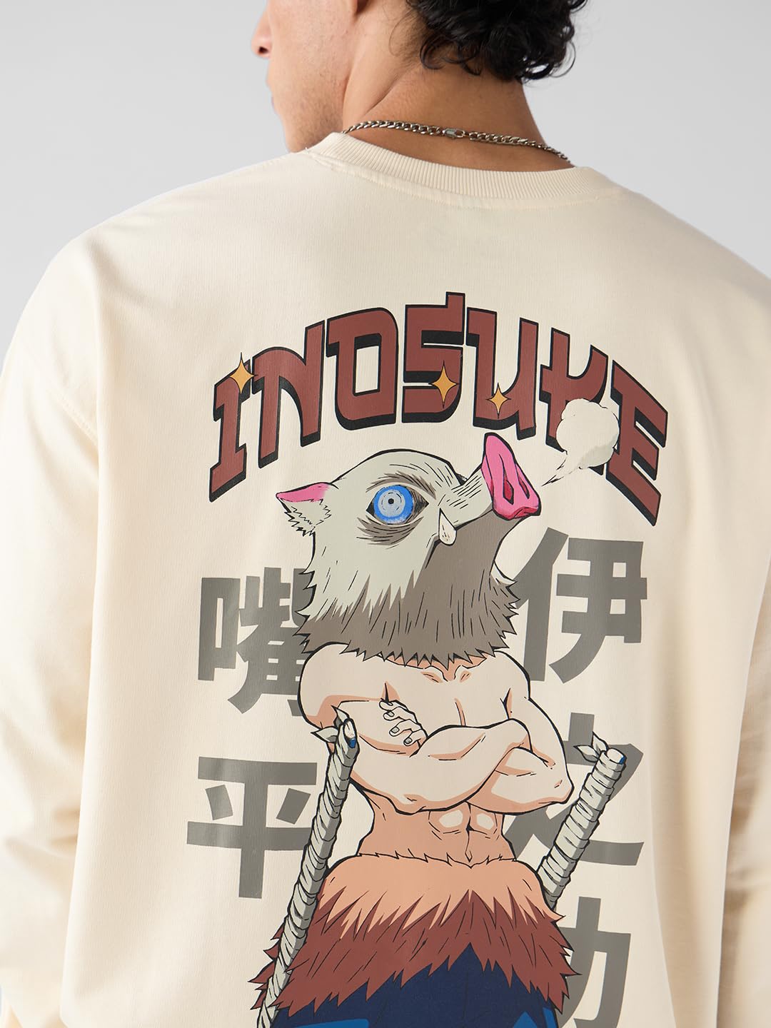 The Souled Store Demon Slayer: Inosuke Men and Boys Long Sleeves Round Neck Graphic Printed Cotton Oversized Comfortable Lightweight All-Season T-Shirt
